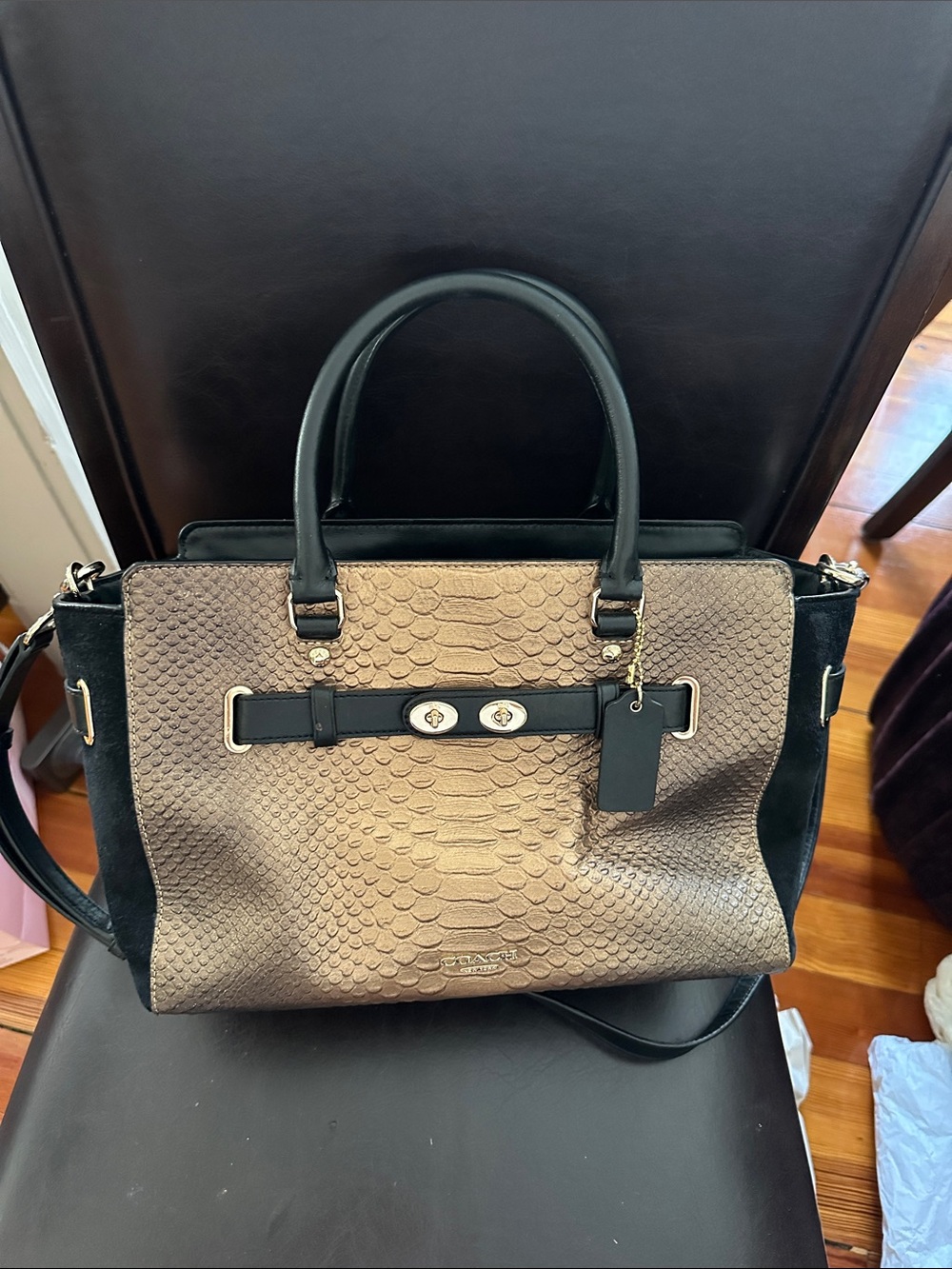 Coach vintage Taupe Snake-Embossed Satchel with Black Trim and Gold Hardware
